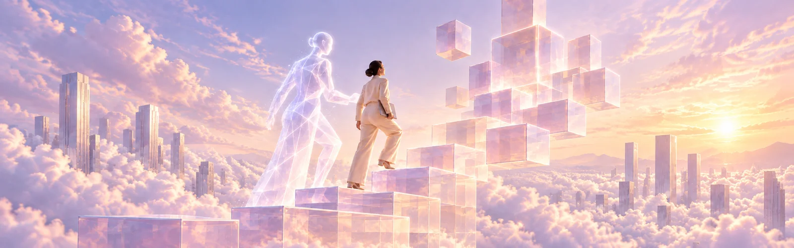 Eine Frau und eine transparente AI-Figur steigen gemeinsam eine Treppe aus gläsernen Stufen hinauf.