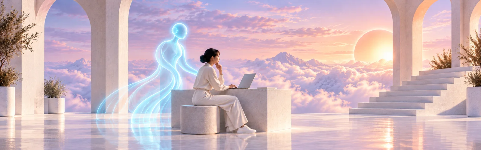 Eine Frau arbeitet am Laptop, während eine transparente AI-Figur hinter ihr steht.