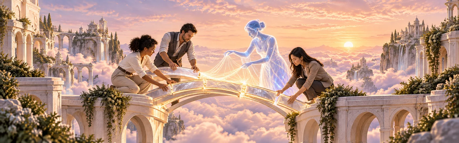 Drei Menschen und eine transparente AI-Figur bauen gemeinsam eine leuchtende Brücke.