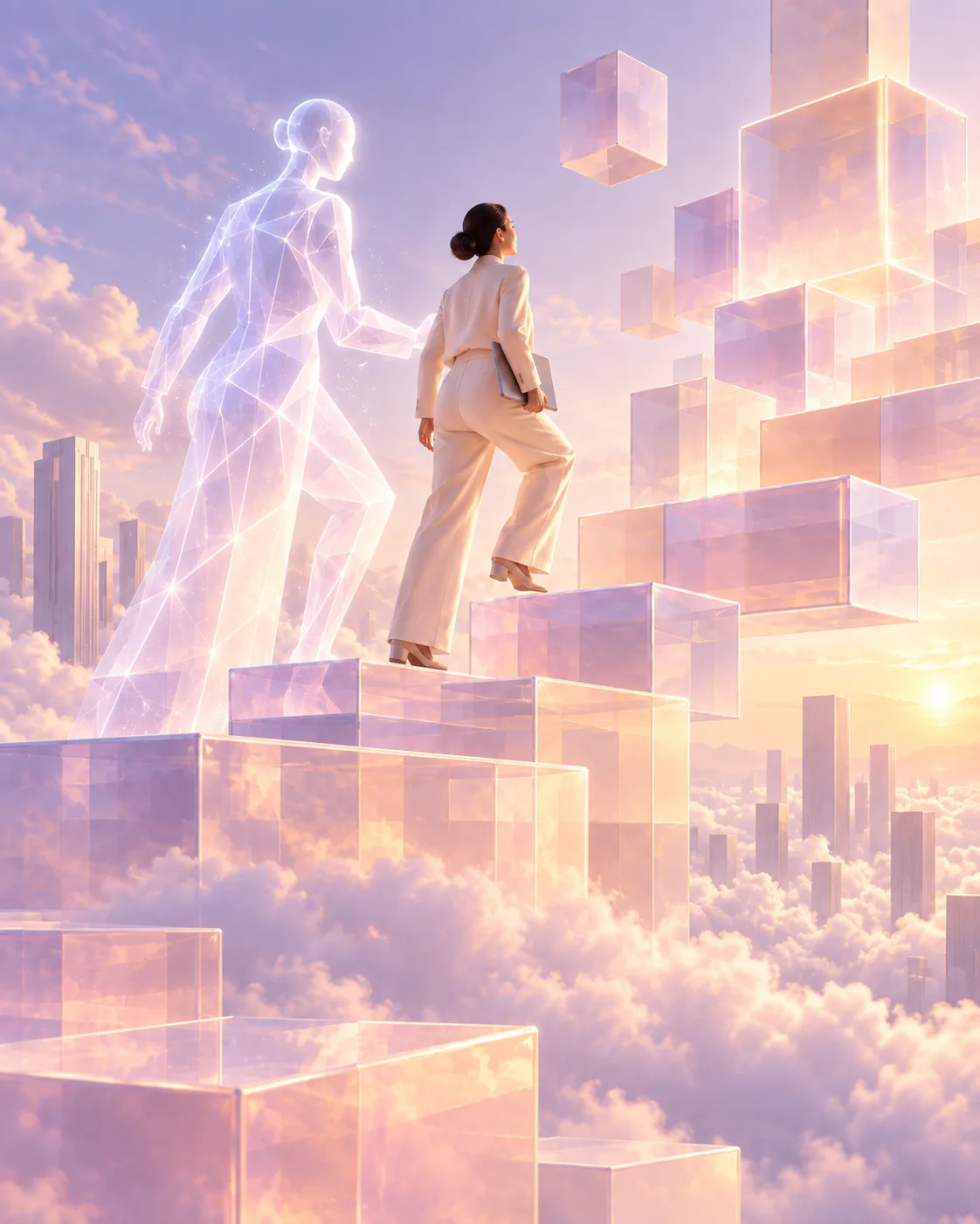 Eine Frau und eine transparente AI-Figur steigen gemeinsam eine Treppe aus gläsernen Stufen hinauf.