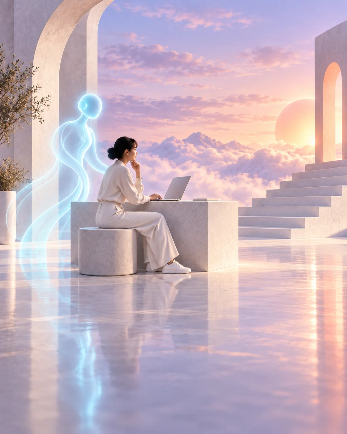 Eine Frau arbeitet am Laptop, während eine transparente AI-Figur hinter ihr steht.
